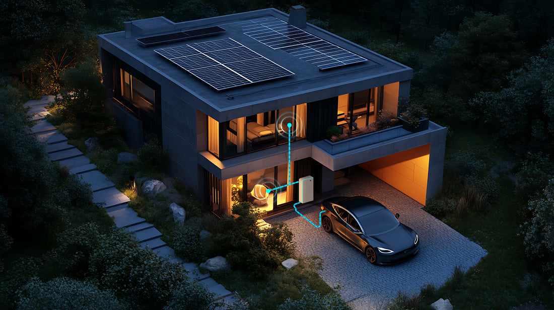 Woning met zonnepanelen en thuisbatterij in de avond