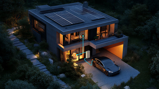 Woning met zonnepanelen en thuisbatterij in de avond
